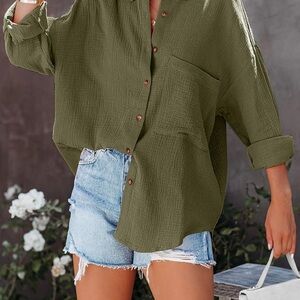 Olive Green Women's Oversized Button Down Top